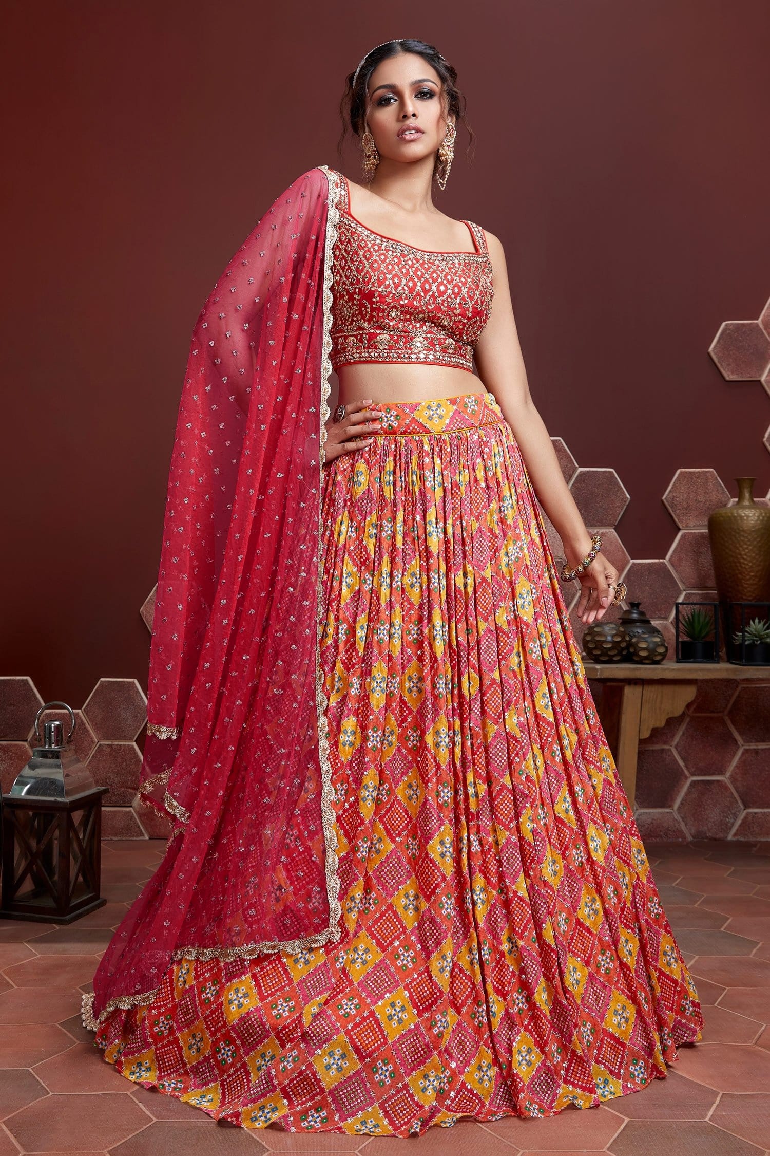 Jyoti Fashion Women's Red Pure Chinon Silk Digital Print with Heavy Embroidered Lehenga Choli & Dupatta - Distacart