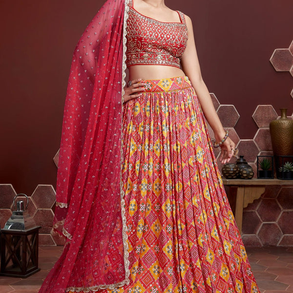 Jyoti Fashion Women's Red Pure Chinon Silk Digital Print with Heavy Embroidered Lehenga Choli & Dupatta - Distacart