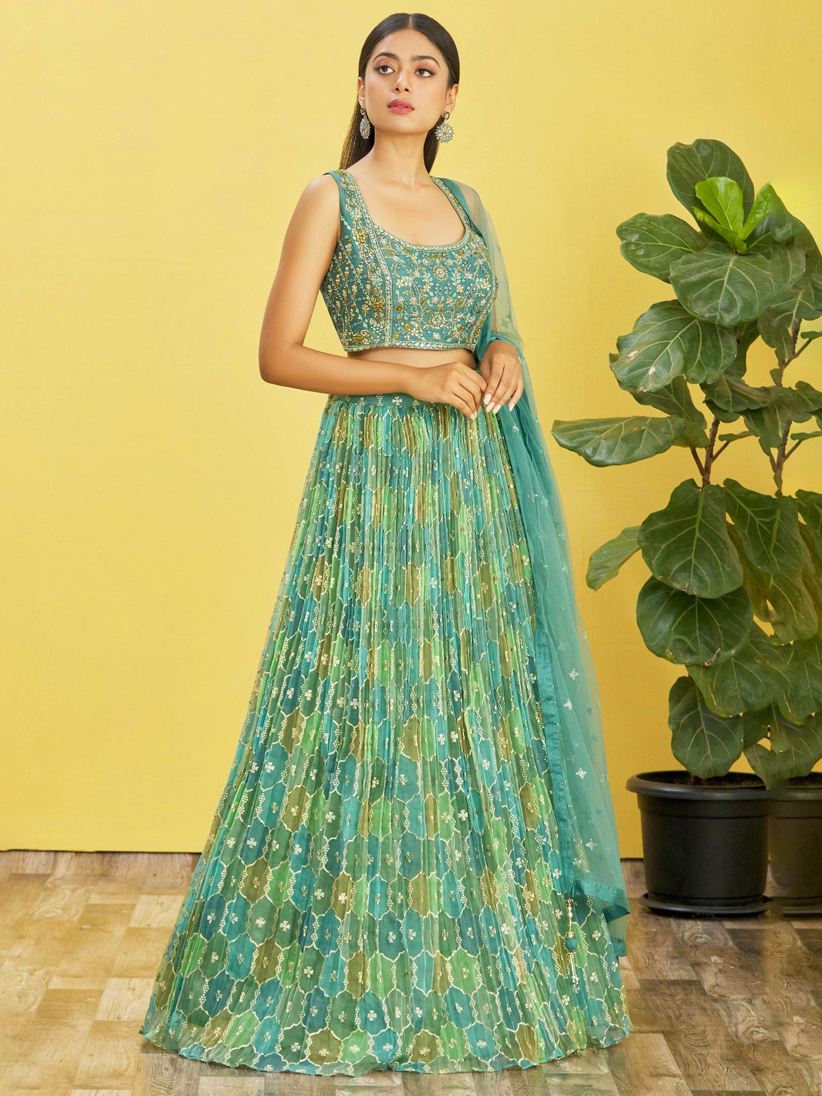 Jyoti Fashion Women's Green Organza Real Mirror with Sequins Thread Embroidered Lehenga Choli & Dupatta - Distacart