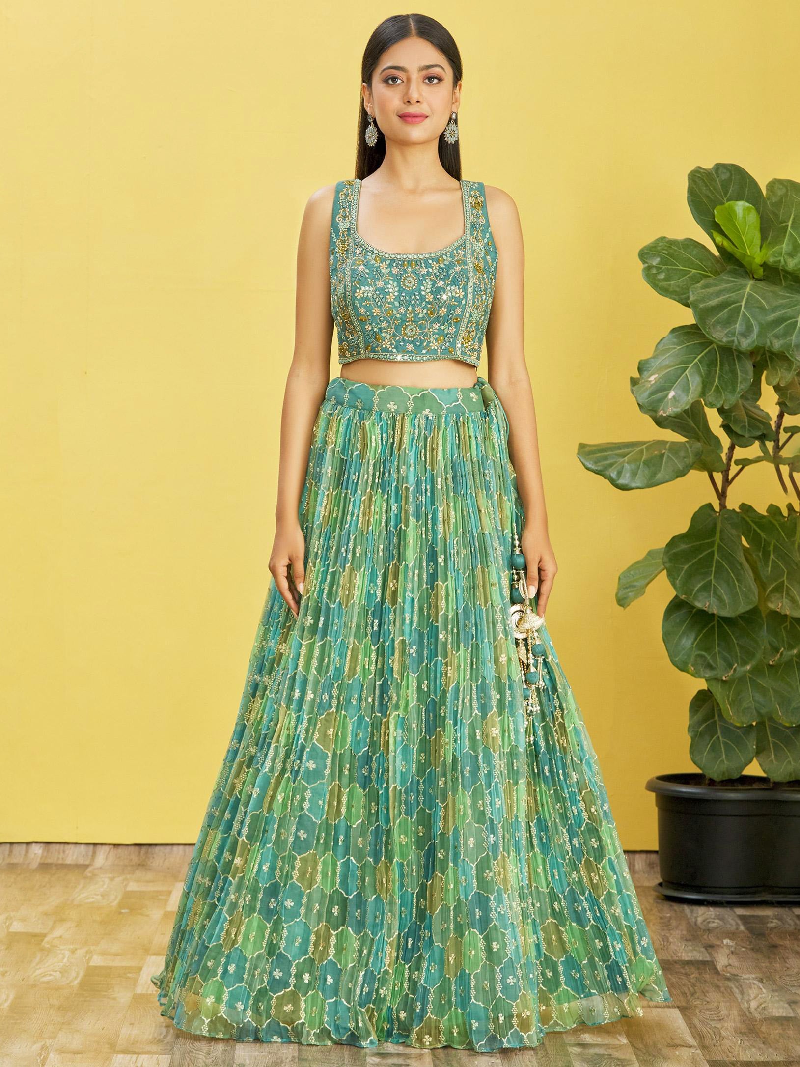 Jyoti Fashion Women's Green Organza Real Mirror with Sequins Thread Embroidered Lehenga Choli & Dupatta - Distacart