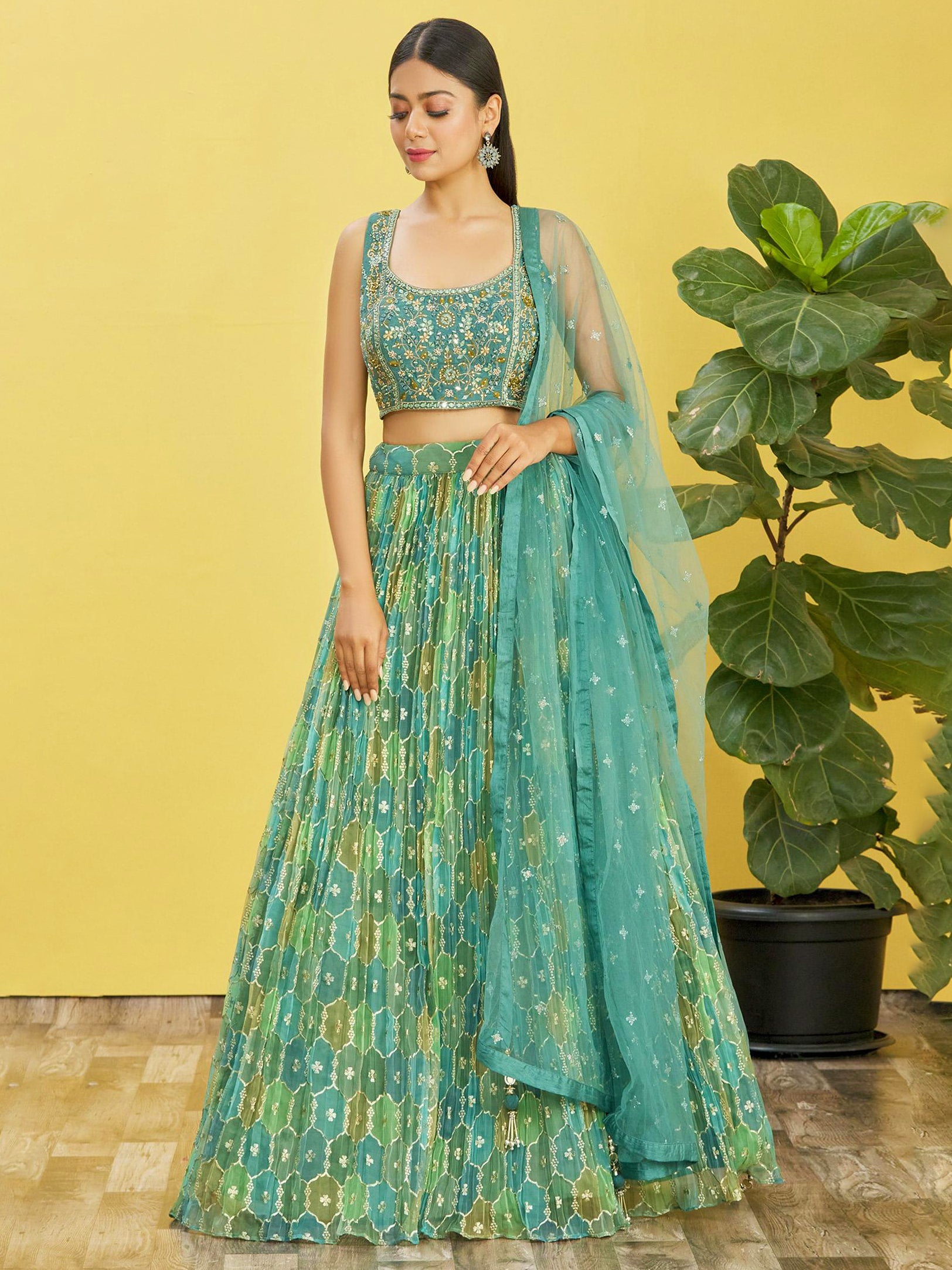 Jyoti Fashion Women's Green Organza Real Mirror with Sequins Thread Embroidered Lehenga Choli & Dupatta - Distacart