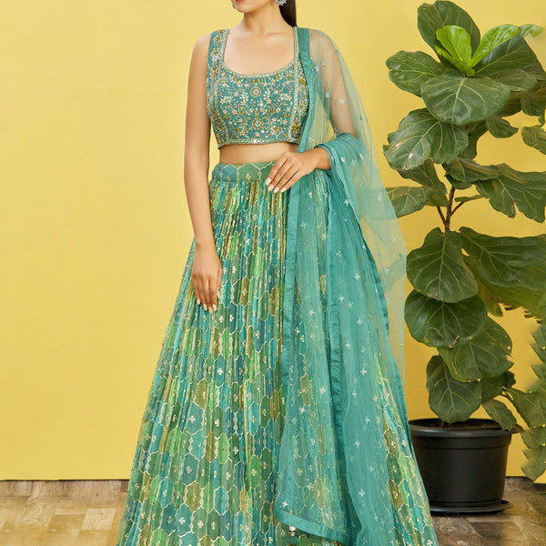 Jyoti Fashion Women's Green Organza Real Mirror with Sequins Thread Embroidered Lehenga Choli & Dupatta - Distacart