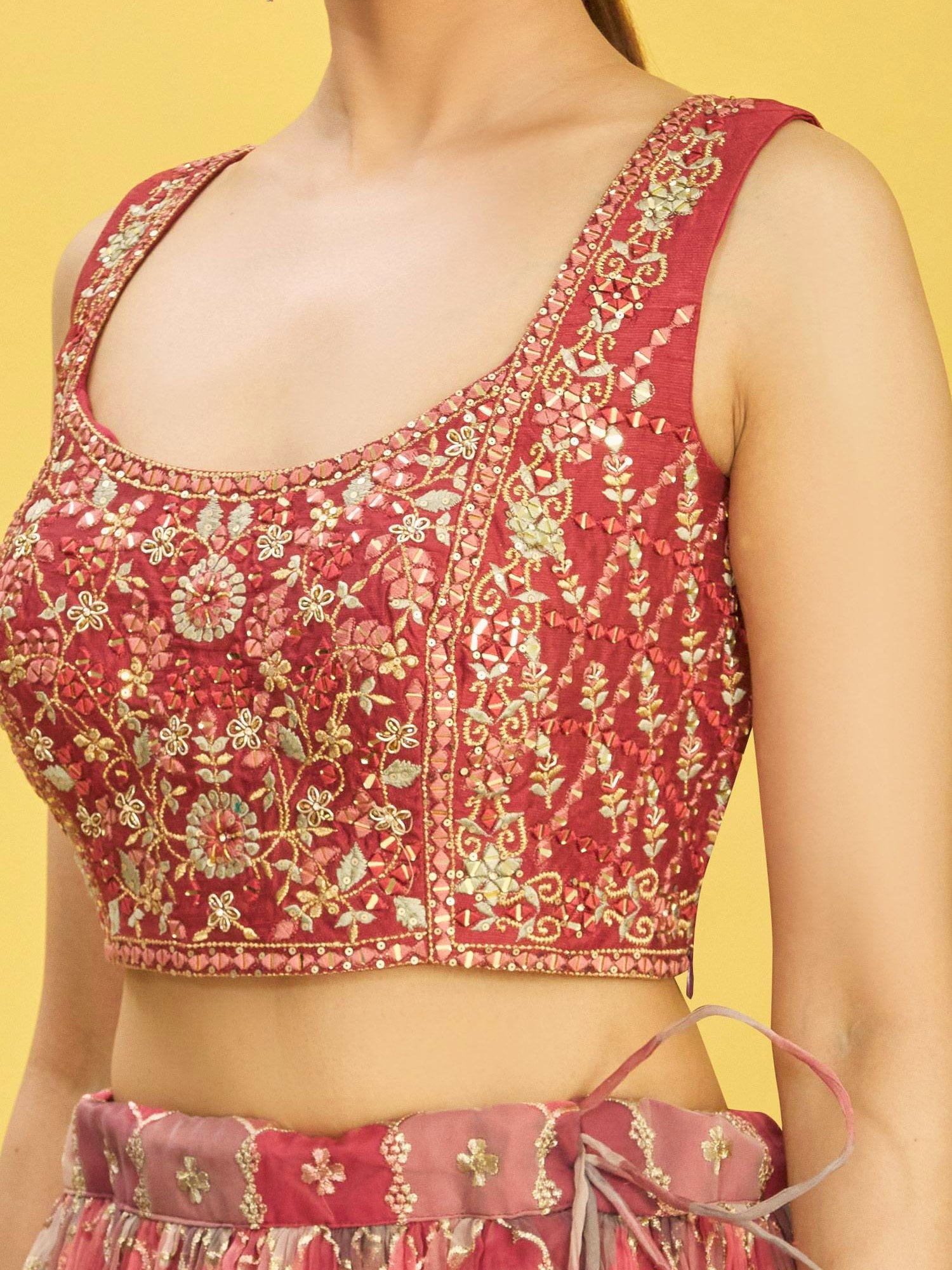 Jyoti Fashion Women's Brown Organza Real Mirror with Sequins Thread Embroidered Lehenga Choli & Dupatta - Distacart