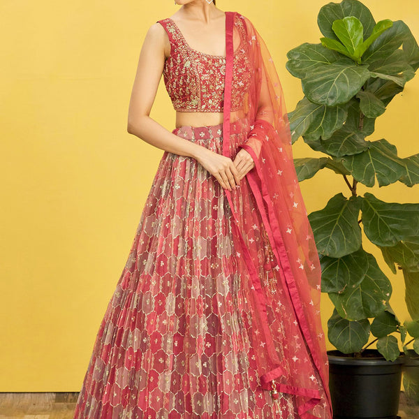 Jyoti Fashion Women's Brown Organza Real Mirror with Sequins Thread Embroidered Lehenga Choli & Dupatta - Distacart