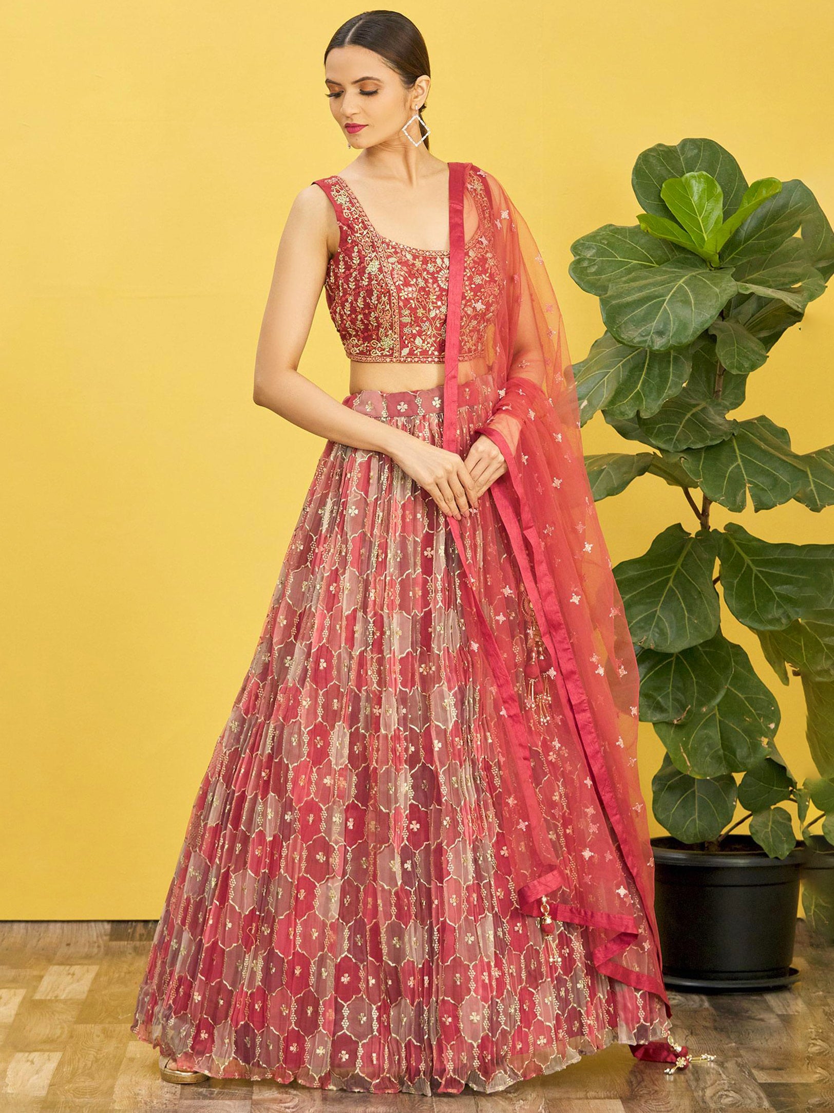 Jyoti Fashion Women's Brown Organza Real Mirror with Sequins Thread Embroidered Lehenga Choli & Dupatta - Distacart