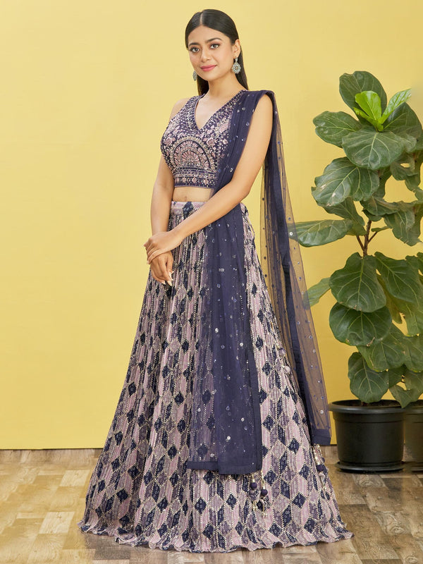 Jyoti Fashion Women's Blue Chinon Real Mirror with Sequins Thread Embroidered Lehenga Choli & Dupatta - Distacart