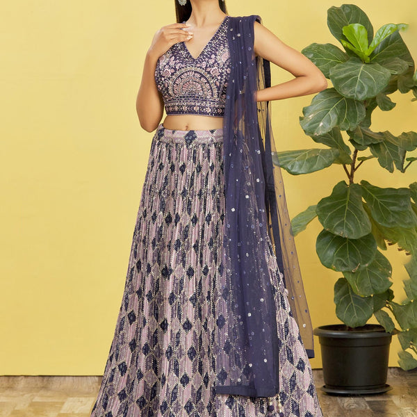 Jyoti Fashion Women's Blue Chinon Real Mirror with Sequins Thread Embroidered Lehenga Choli & Dupatta - Distacart