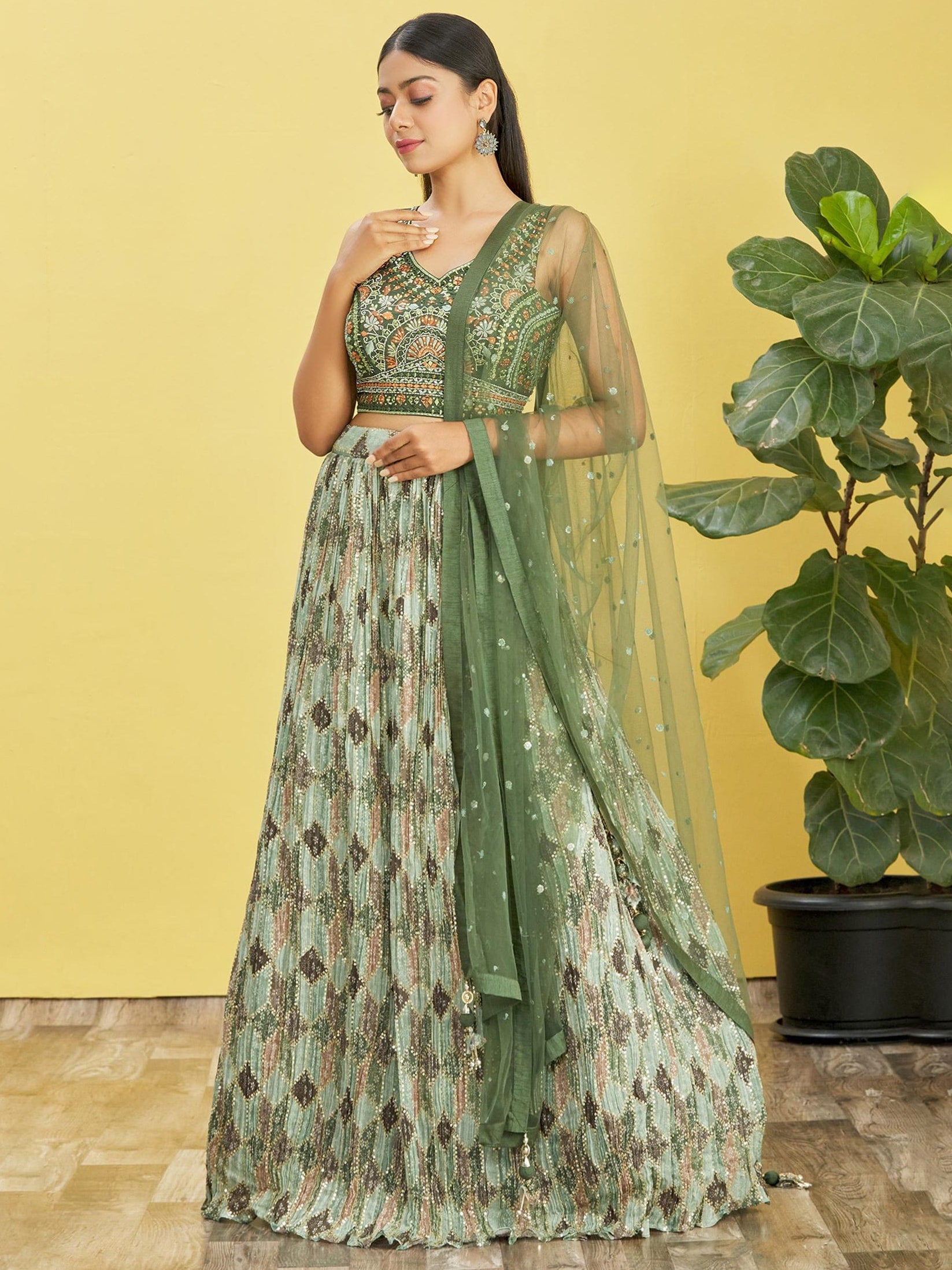 Jyoti Fashion Women's Green Chinon Real Mirror with Sequins Thread Embroidered Lehenga Choli & Dupatta - Distacart