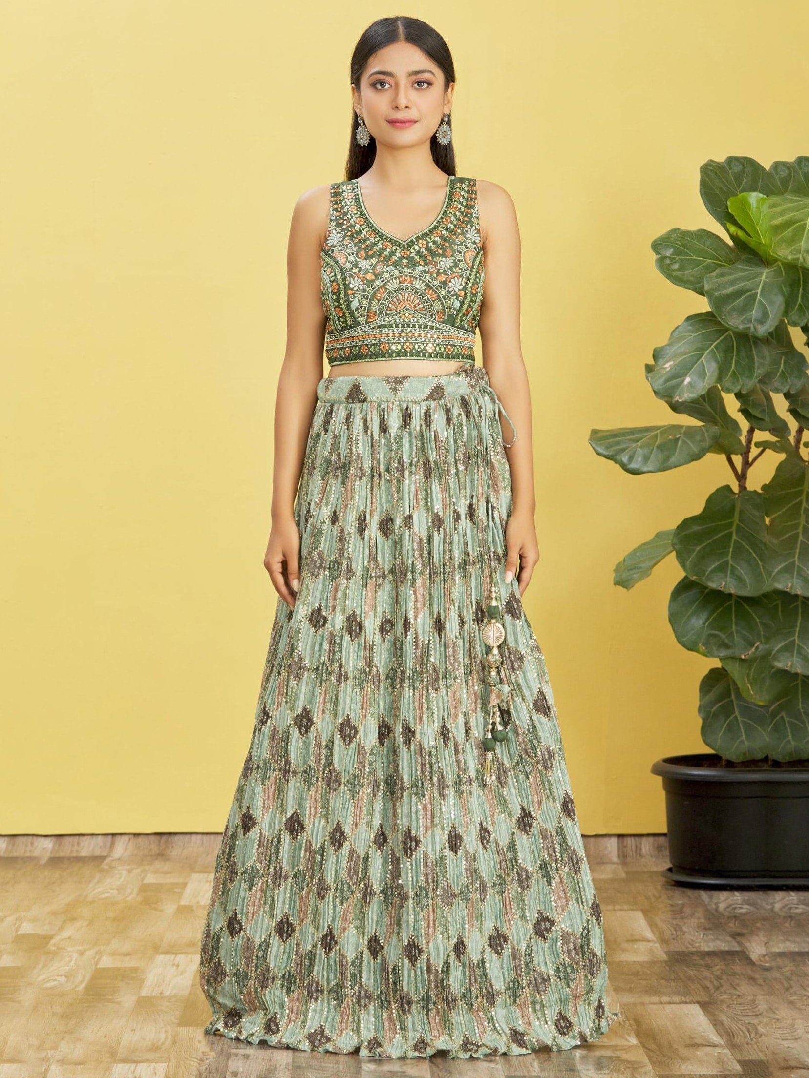 Jyoti Fashion Women's Green Chinon Real Mirror with Sequins Thread Embroidered Lehenga Choli & Dupatta - Distacart