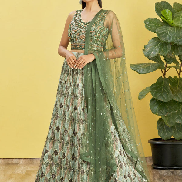 Jyoti Fashion Women's Green Chinon Real Mirror with Sequins Thread Embroidered Lehenga Choli & Dupatta - Distacart