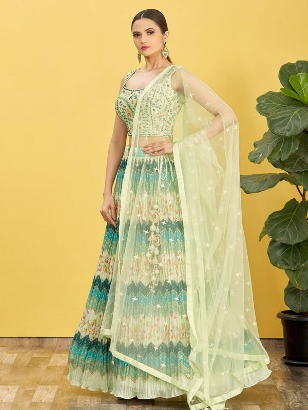 Jyoti Fashion Women's Green Chinon Real Mirror with Sequins Thread Embroidered Lehenga Choli & Dupatta - Distacart