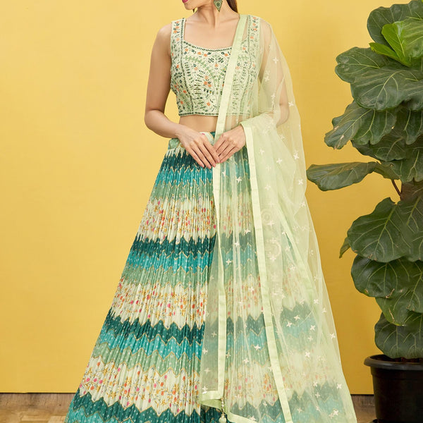 Jyoti Fashion Women's Green Chinon Real Mirror with Sequins Thread Embroidered Lehenga Choli & Dupatta - Distacart