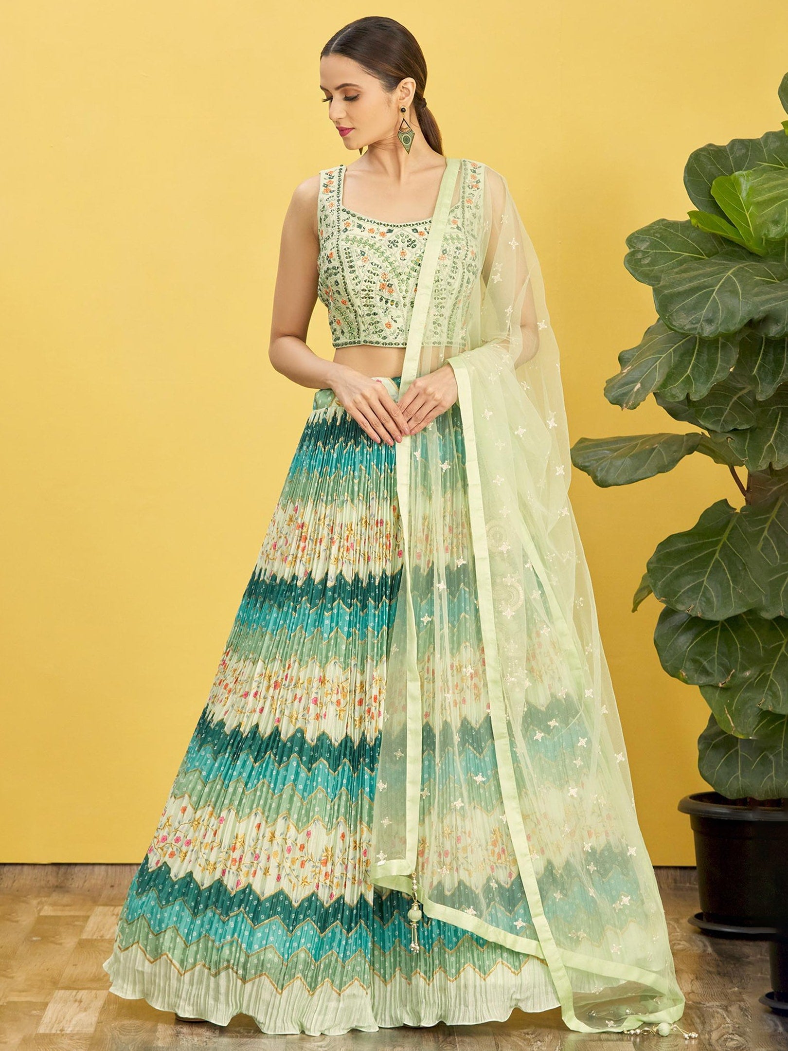 Jyoti Fashion Women's Green Chinon Real Mirror with Sequins Thread Embroidered Lehenga Choli & Dupatta - Distacart