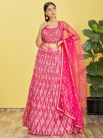Thumbnail for Jyoti Fashion Women's Pink Chinon Real Mirror with Sequins Thread Embroidered Lehenga Choli & Dupatta - Distacart