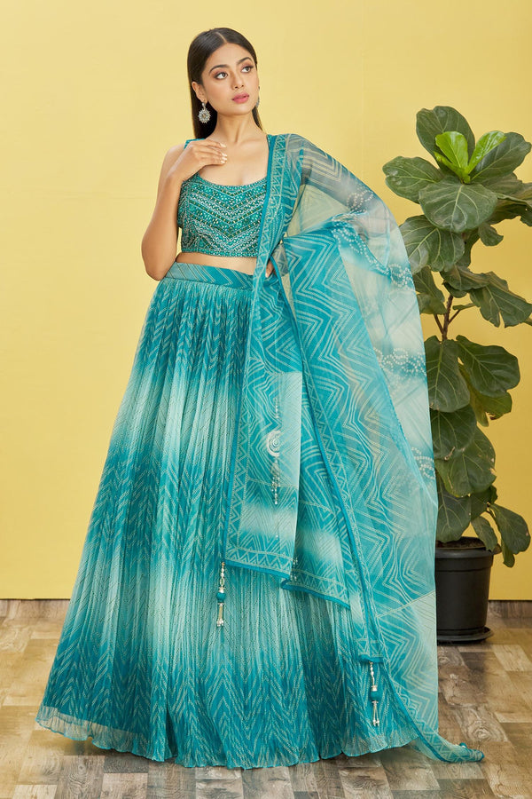 Jyoti Fashion Women's Blue Organza Real Mirror with Sequins Thread Embroidered Lehenga Choli & Dupatta - Distacart