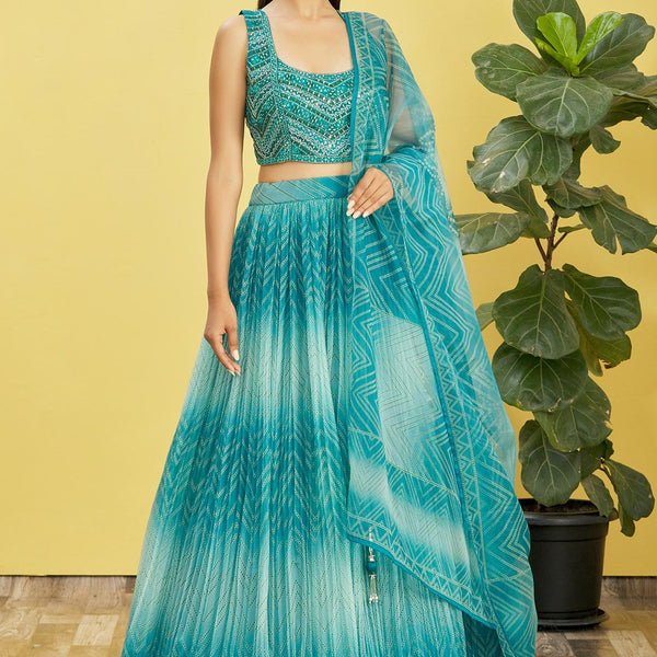Jyoti Fashion Women's Blue Organza Real Mirror with Sequins Thread Embroidered Lehenga Choli & Dupatta - Distacart