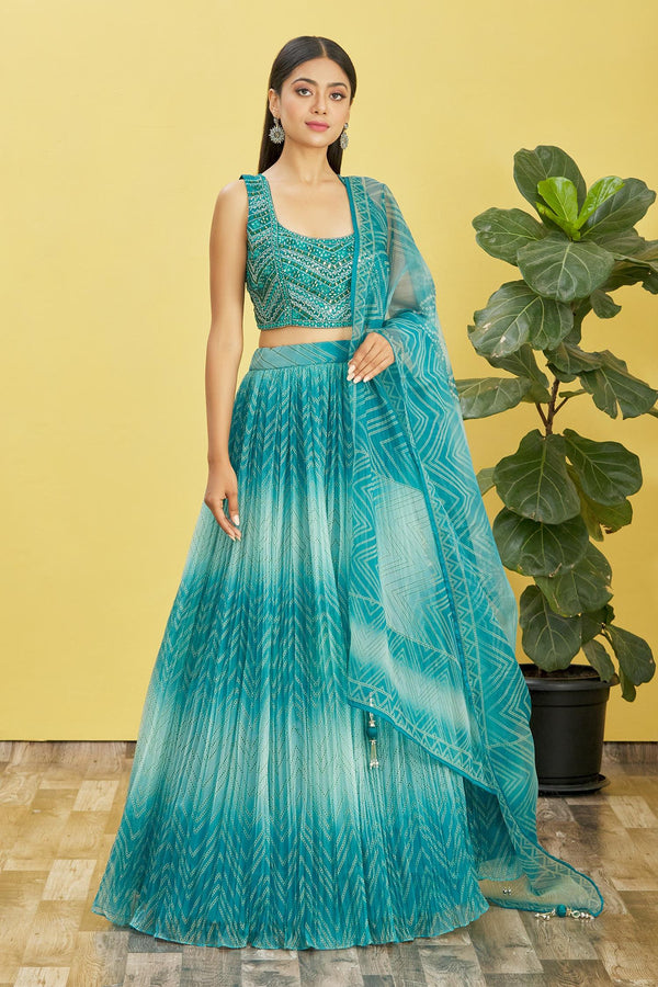 Jyoti Fashion Women's Blue Organza Real Mirror with Sequins Thread Embroidered Lehenga Choli & Dupatta - Distacart
