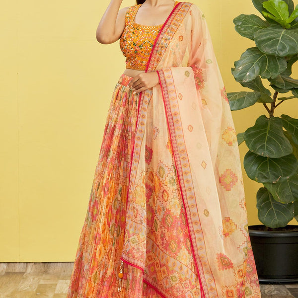 Jyoti Fashion Women's Yellow Organza Real Mirror with Sequins Thread Embroidered Lehenga Choli & Dupatta - Distacart
