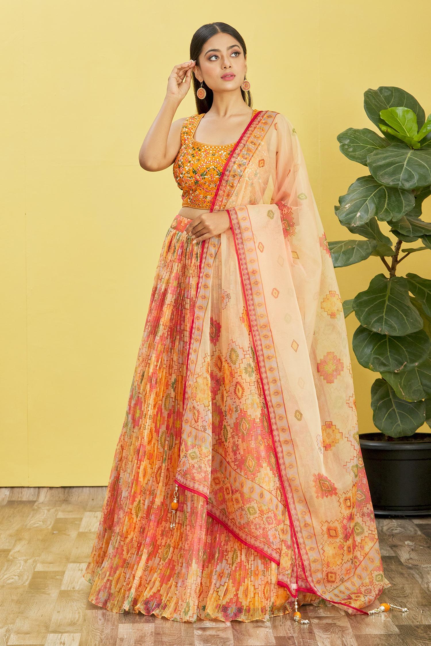 Jyoti Fashion Women's Yellow Organza Real Mirror with Sequins Thread Embroidered Lehenga Choli & Dupatta - Distacart