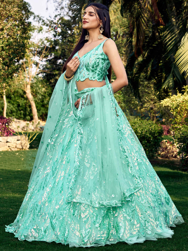 Jyoti Fashion Women's Blue Soft Net Multi Sequins Thread Embroidered Lehenga Choli & Dupatta - Distacart