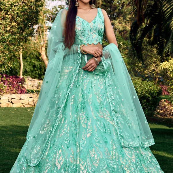 Jyoti Fashion Women's Blue Soft Net Multi Sequins Thread Embroidered Lehenga Choli & Dupatta - Distacart
