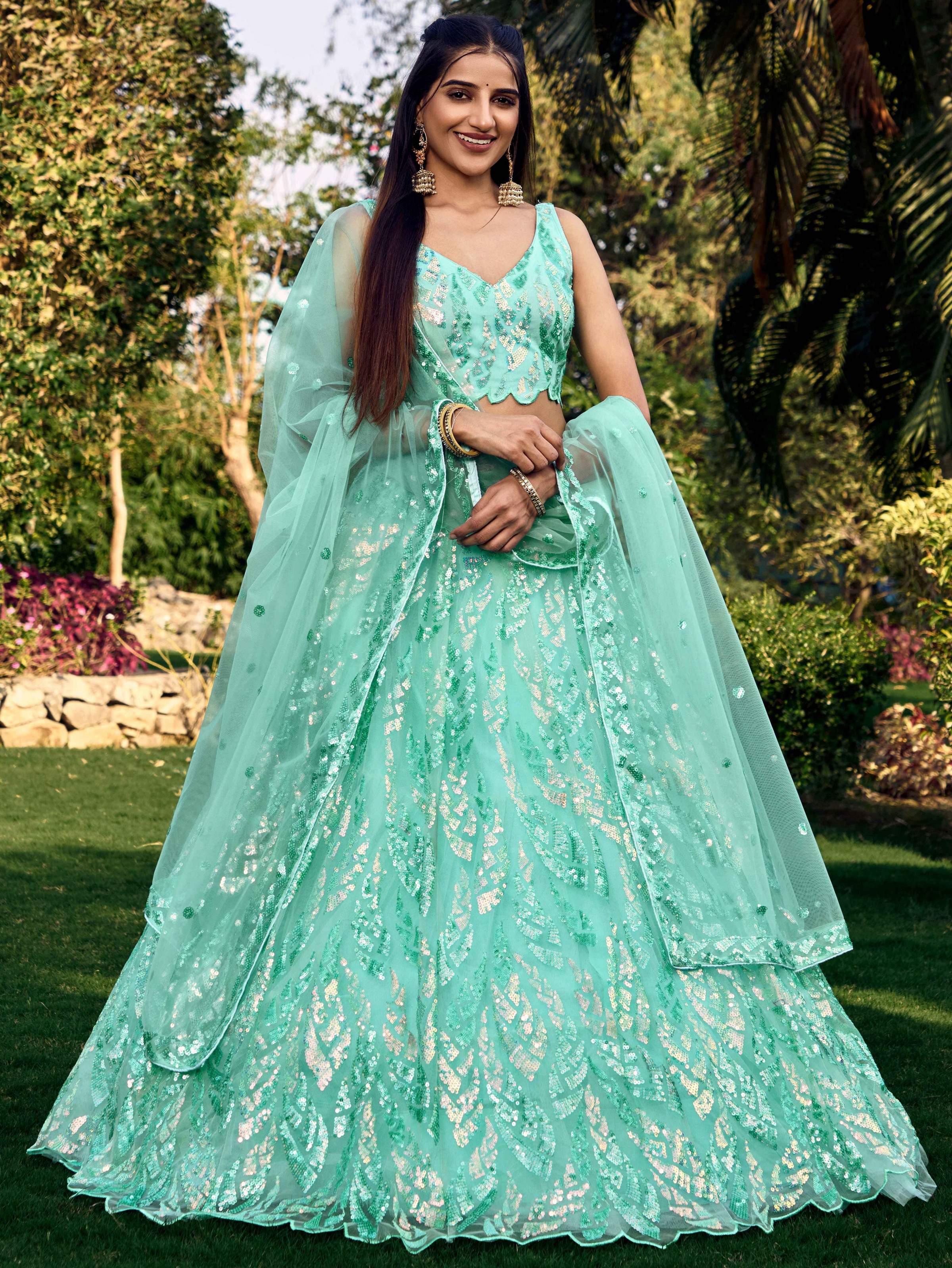 Jyoti Fashion Women's Blue Soft Net Multi Sequins Thread Embroidered Lehenga Choli & Dupatta - Distacart