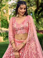 Thumbnail for Jyoti Fashion Women's Pink Soft Net Multi Sequins Thread Embroidered Lehenga Choli & Dupatta - Distacart