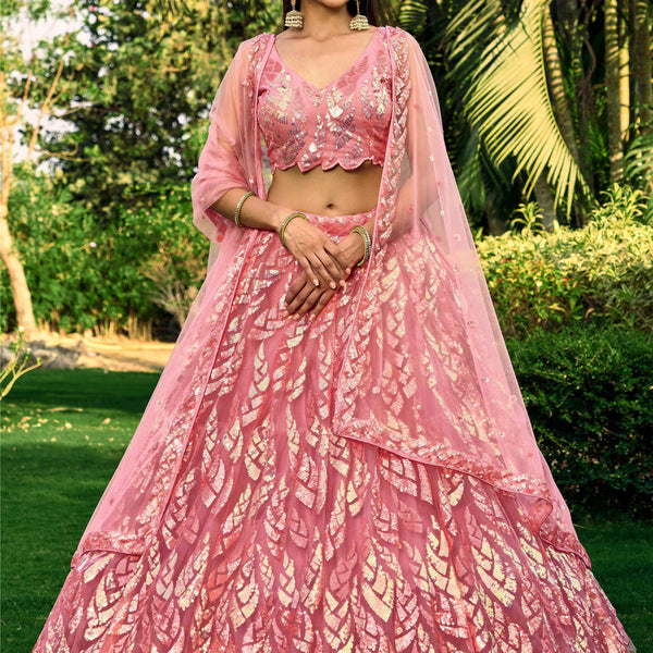 Jyoti Fashion Women's Pink Soft Net Multi Sequins Thread Embroidered Lehenga Choli & Dupatta - Distacart