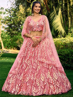 Thumbnail for Jyoti Fashion Women's Pink Soft Net Multi Sequins Thread Embroidered Lehenga Choli & Dupatta - Distacart