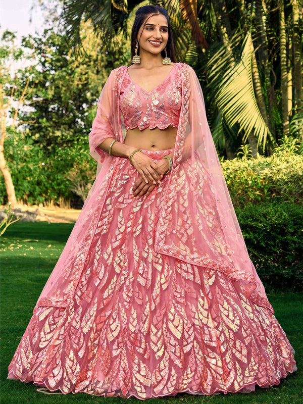 Jyoti Fashion Women's Pink Soft Net Multi Sequins Thread Embroidered Lehenga Choli & Dupatta - Distacart