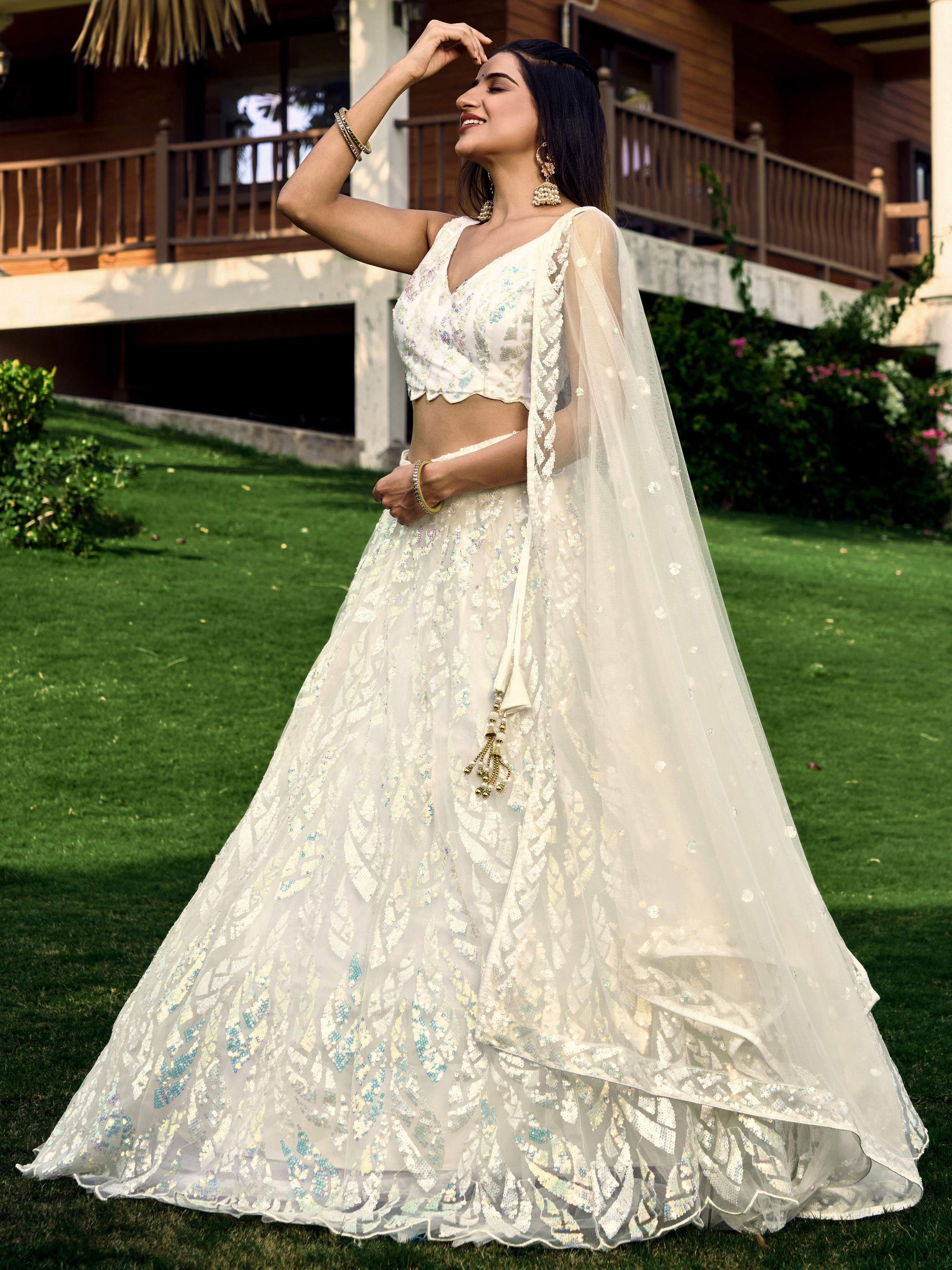 Jyoti Fashion Women's White Soft Net Multi Sequins Thread Embroidered Lehenga Choli & Dupatta - Distacart