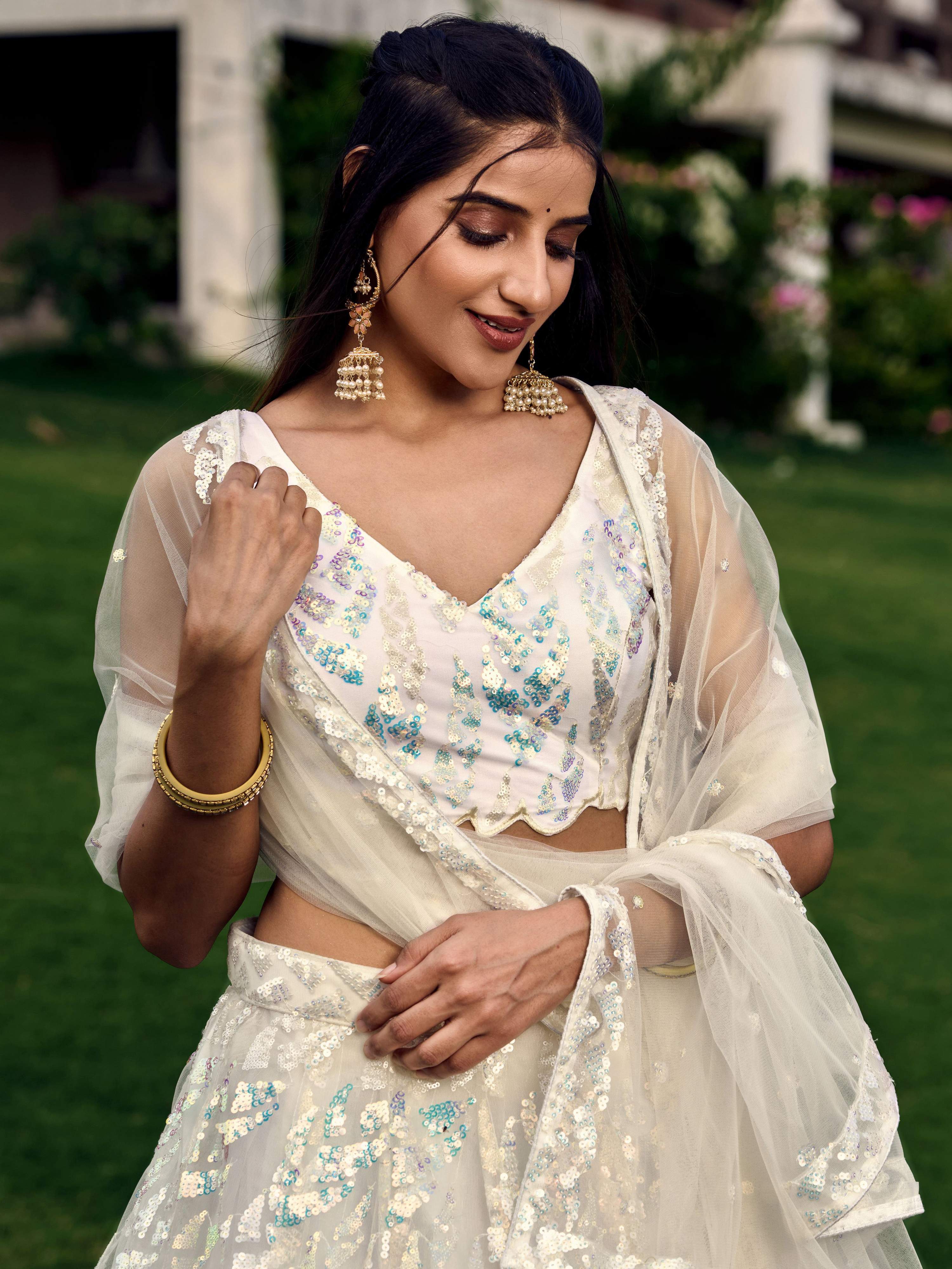 Jyoti Fashion Women's White Soft Net Multi Sequins Thread Embroidered Lehenga Choli & Dupatta - Distacart