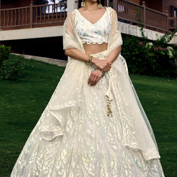 Jyoti Fashion Women's White Soft Net Multi Sequins Thread Embroidered Lehenga Choli & Dupatta - Distacart