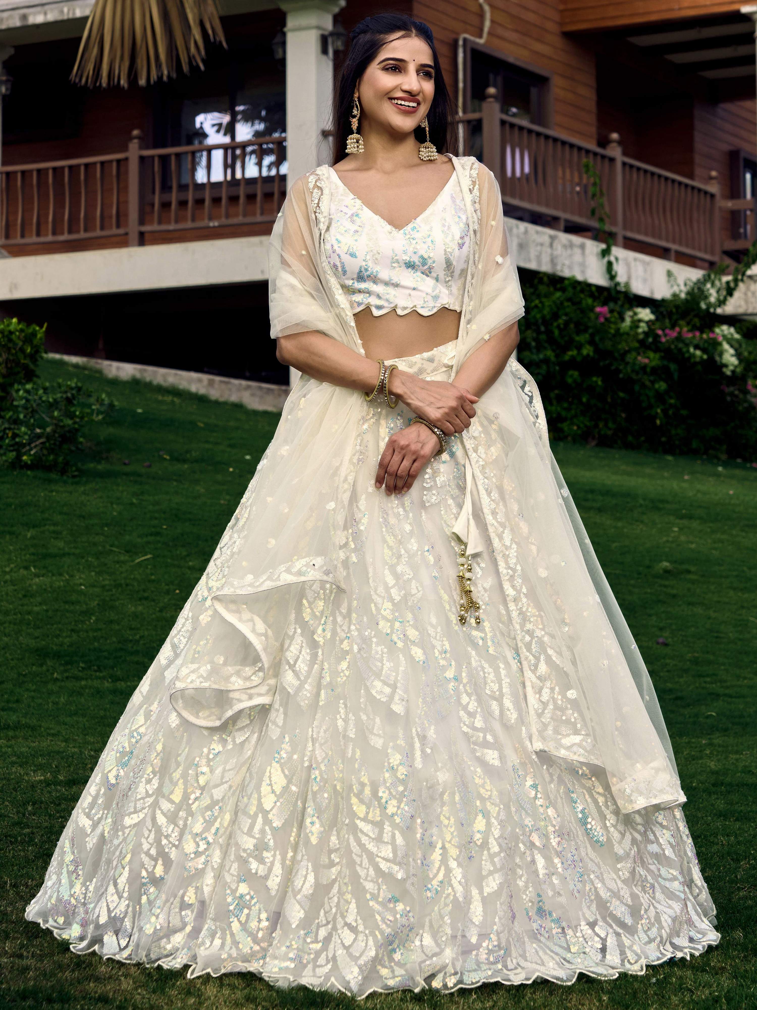 Jyoti Fashion Women's White Soft Net Multi Sequins Thread Embroidered Lehenga Choli & Dupatta - Distacart