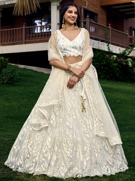 Jyoti Fashion Women's White Soft Net Multi Sequins Thread Embroidered Lehenga Choli & Dupatta - Distacart