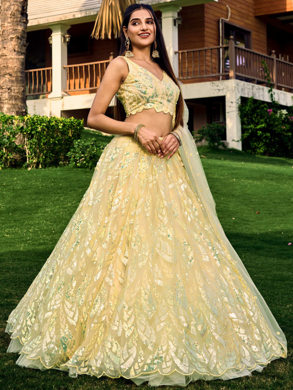 Jyoti Fashion Women's Yellow Soft Net Multi Sequins Thread Embroidered Lehenga Choli & Dupatta - Distacart
