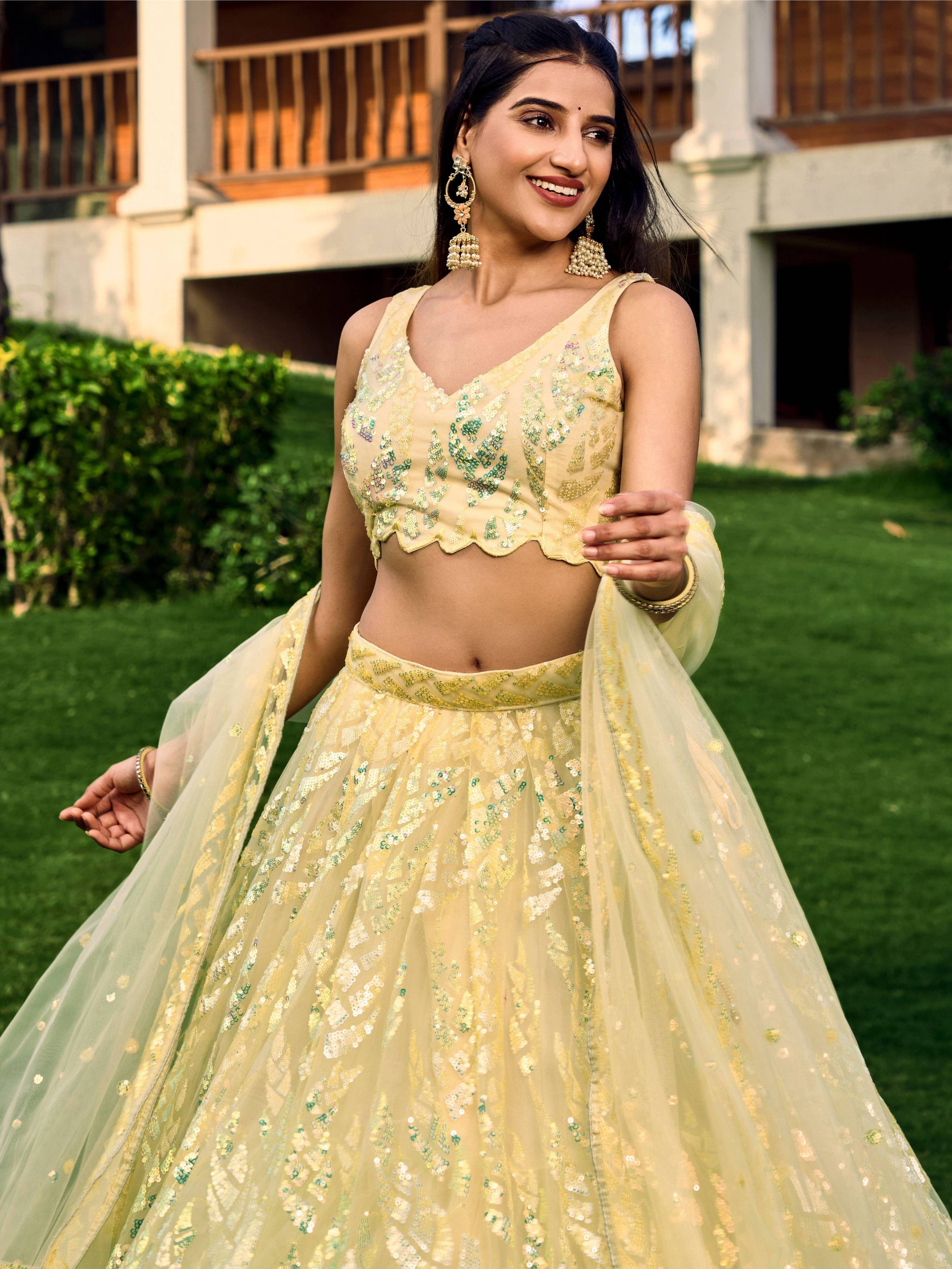 Jyoti Fashion Women's Yellow Soft Net Multi Sequins Thread Embroidered Lehenga Choli & Dupatta - Distacart