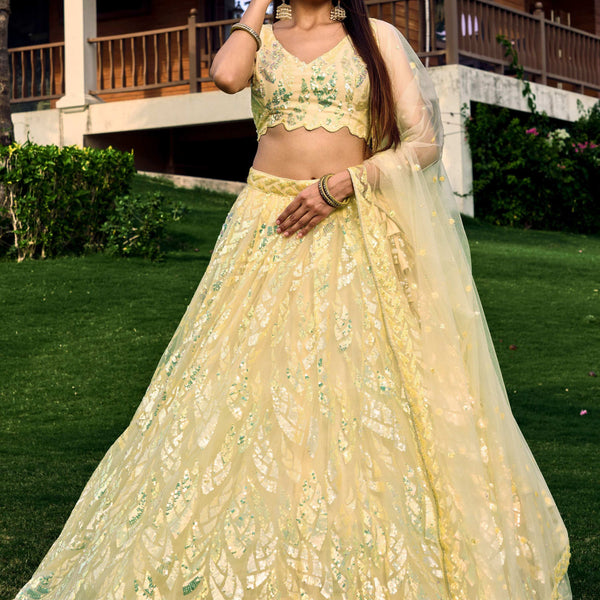 Jyoti Fashion Women's Yellow Soft Net Multi Sequins Thread Embroidered Lehenga Choli & Dupatta - Distacart