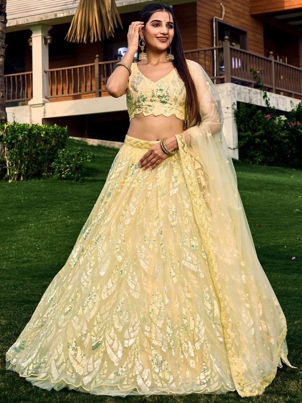 Jyoti Fashion Women's Yellow Soft Net Multi Sequins Thread Embroidered Lehenga Choli & Dupatta - Distacart