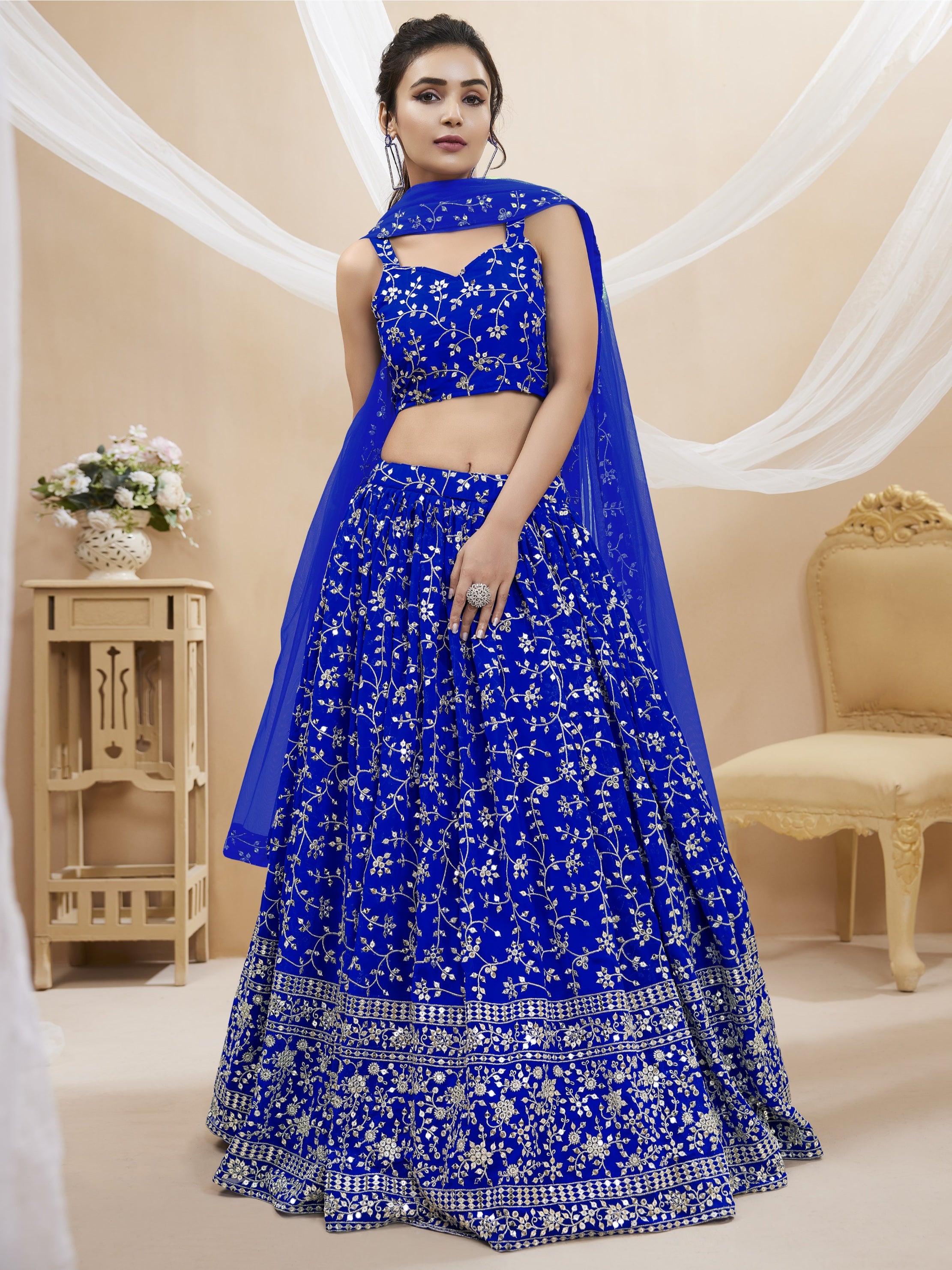 Jyoti Fashion Women's Blue Georgette Sequins Zari Embroidered Lehenga Choli & Dupatta - Distacart