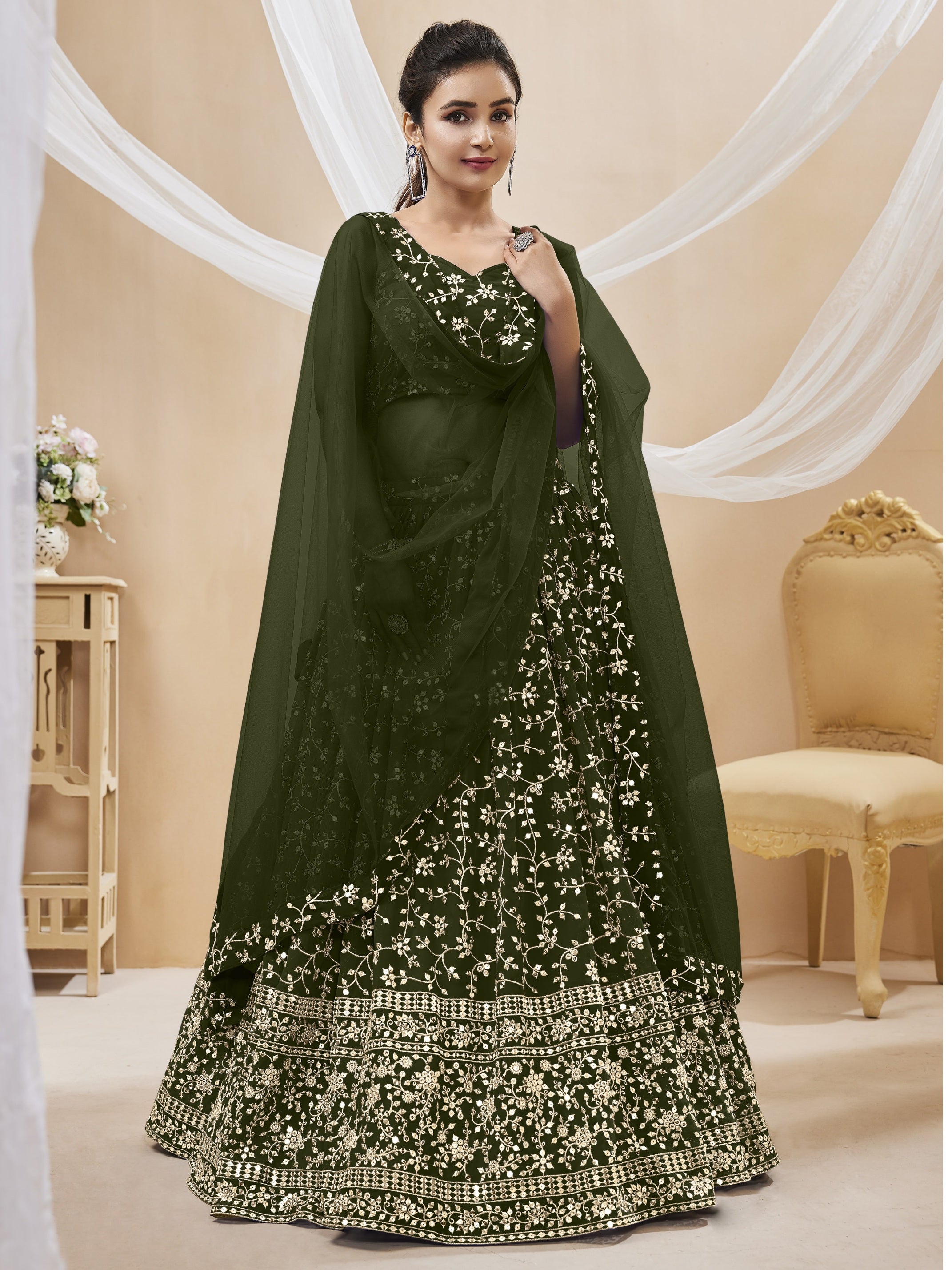 Jyoti Fashion Women's Green Georgette Sequins Zari Embroidered Lehenga Choli & Dupatta - Distacart