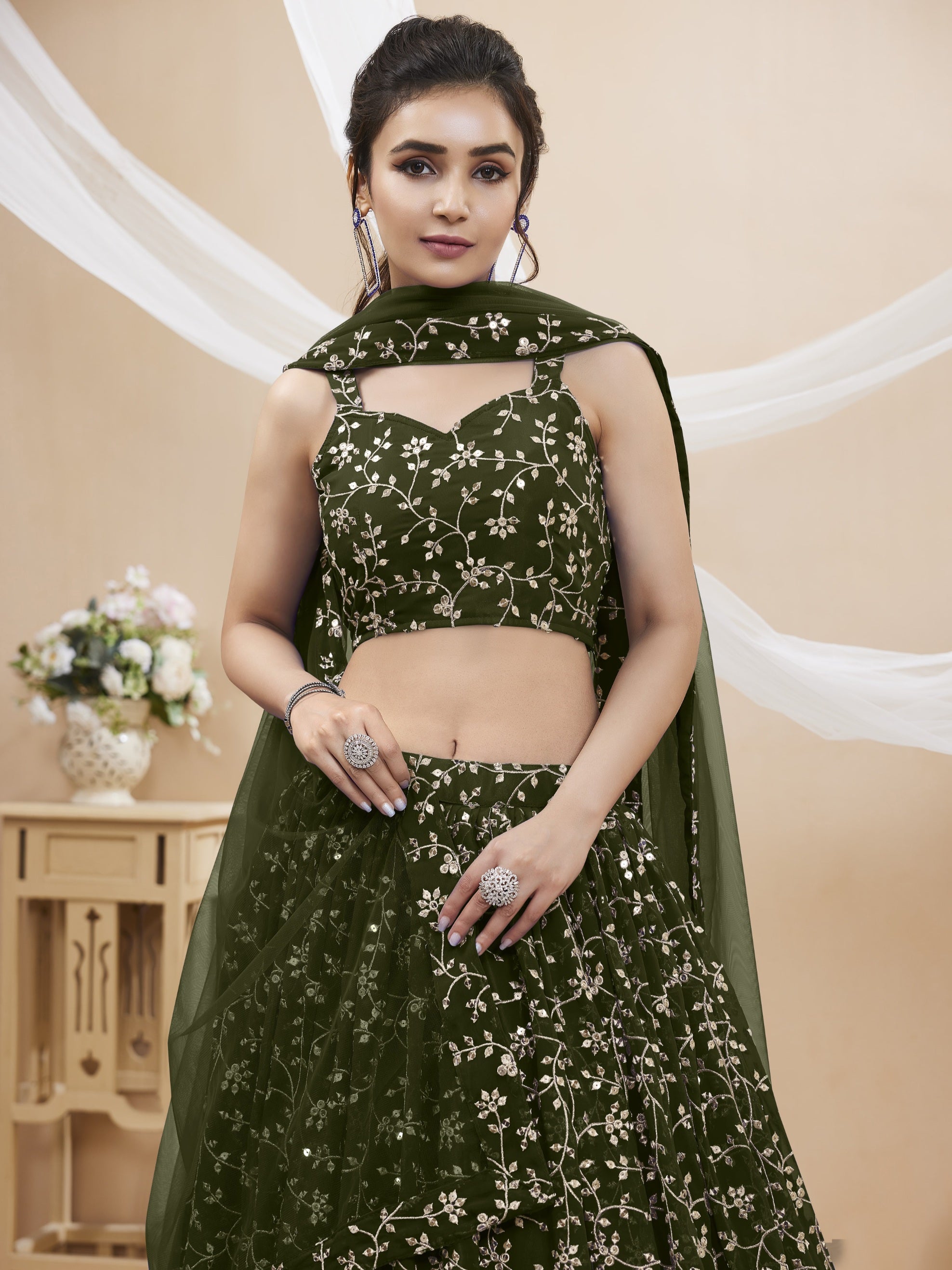 Jyoti Fashion Women's Green Georgette Sequins Zari Embroidered Lehenga Choli & Dupatta - Distacart