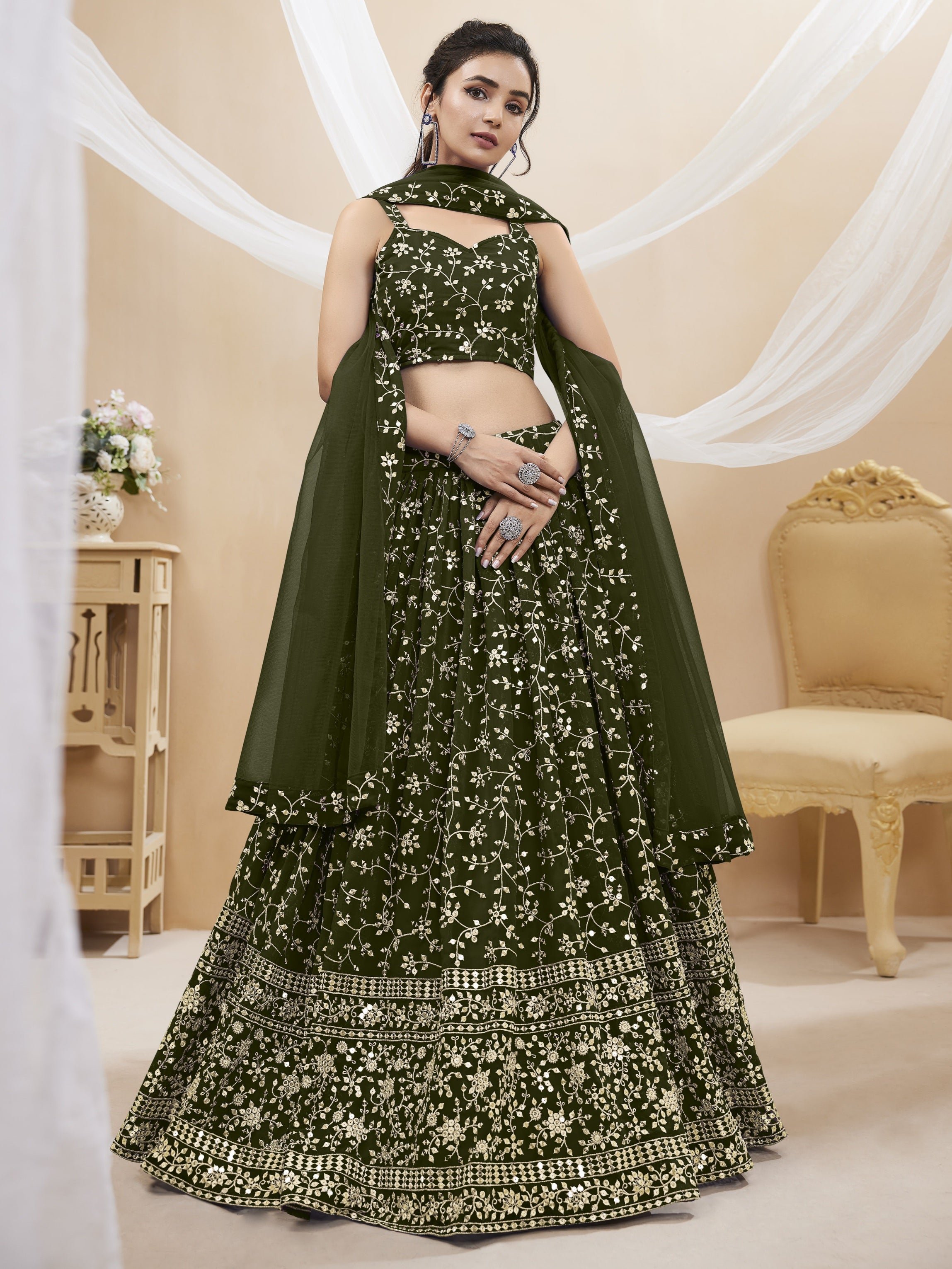 Jyoti Fashion Women's Green Georgette Sequins Zari Embroidered Lehenga Choli & Dupatta - Distacart