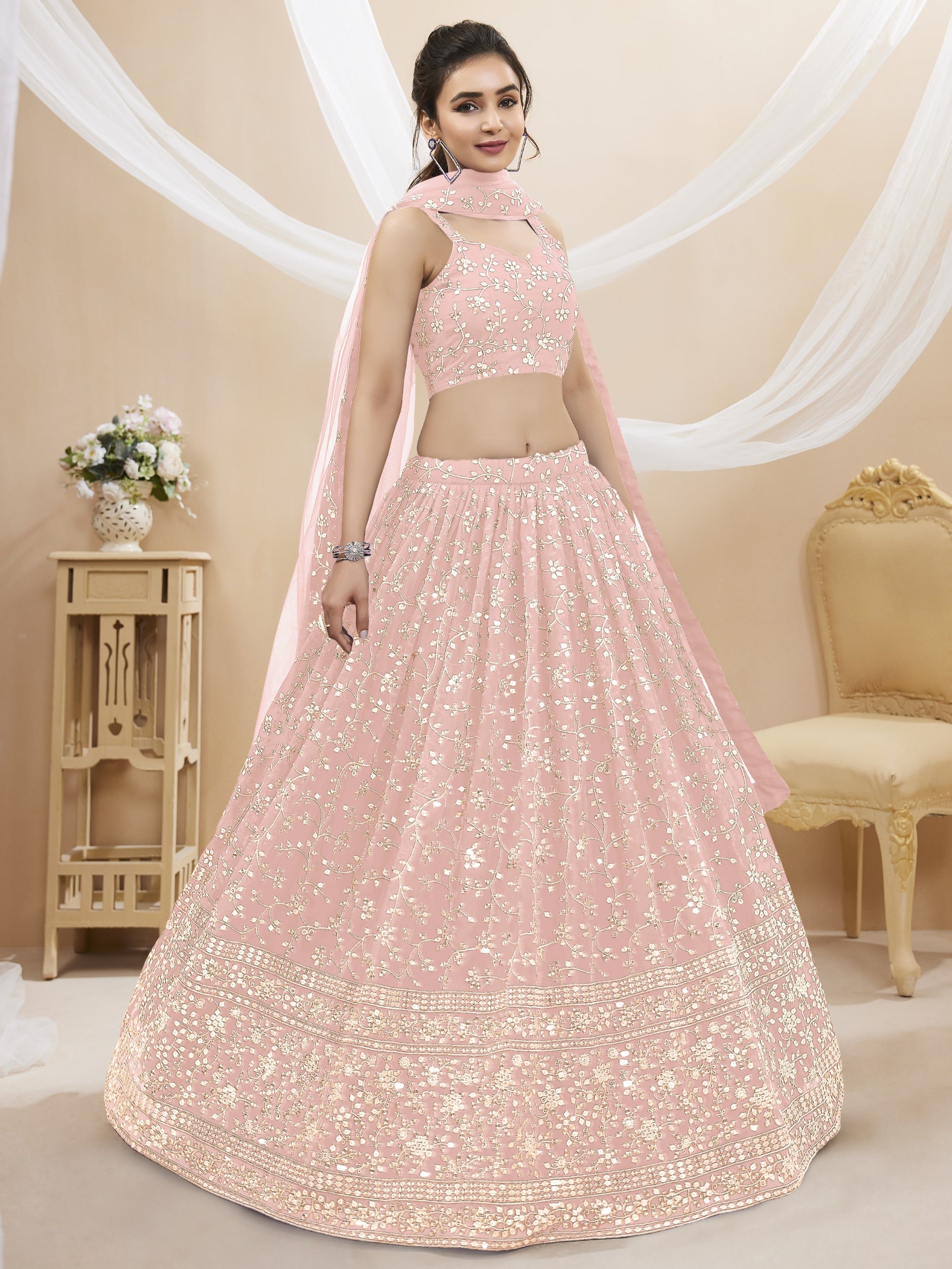 Jyoti Fashion Women's Baby Pink Georgette Sequins Zari Embroidered Lehenga Choli & Dupatta - Distacart