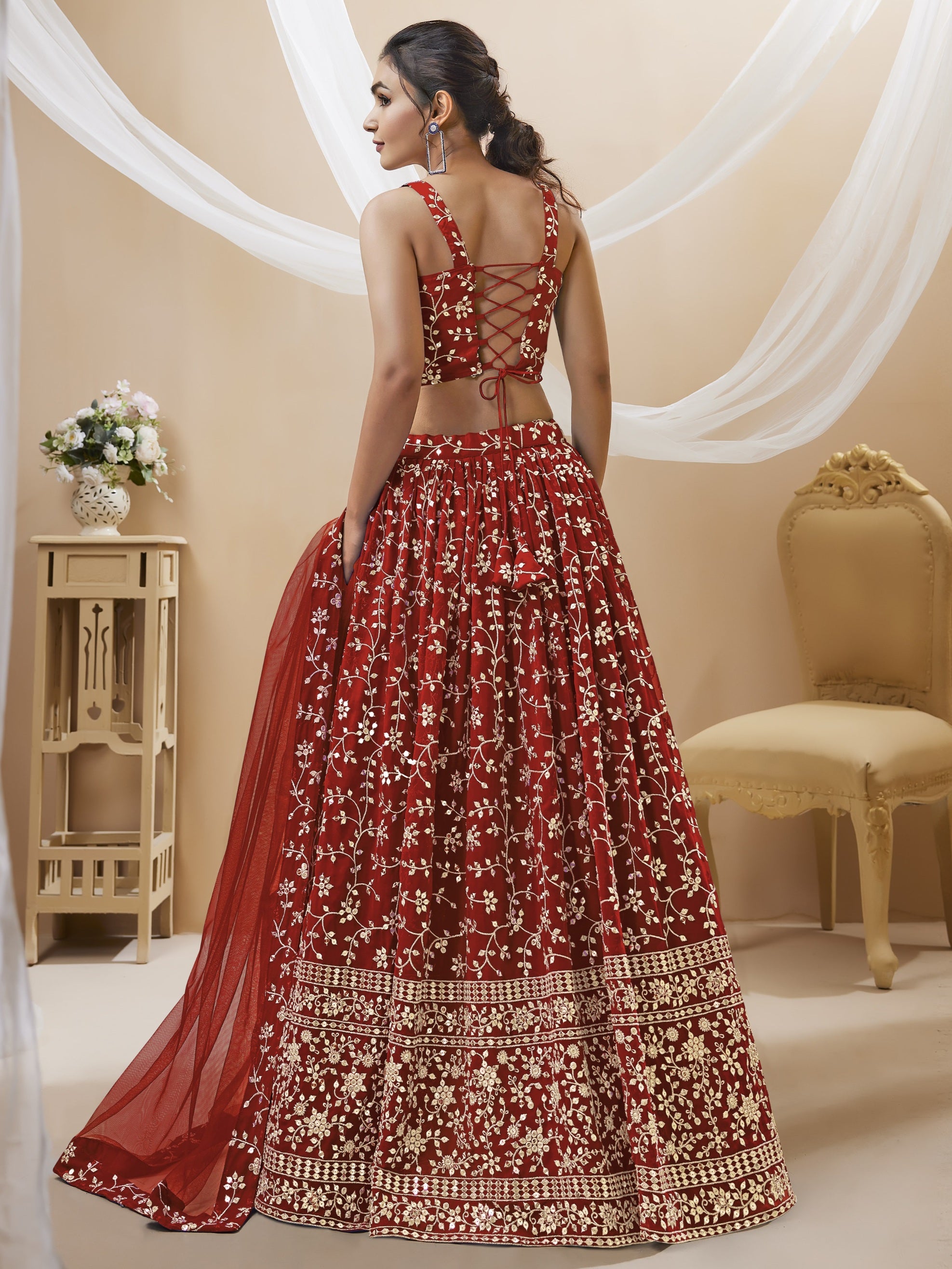 Jyoti Fashion Women's Maroon Georgette Sequins Zari Embroidered Lehenga Choli & Dupatta - Distacart