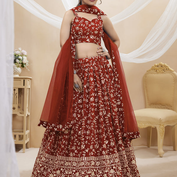 Jyoti Fashion Women's Maroon Georgette Sequins Zari Embroidered Lehenga Choli & Dupatta - Distacart