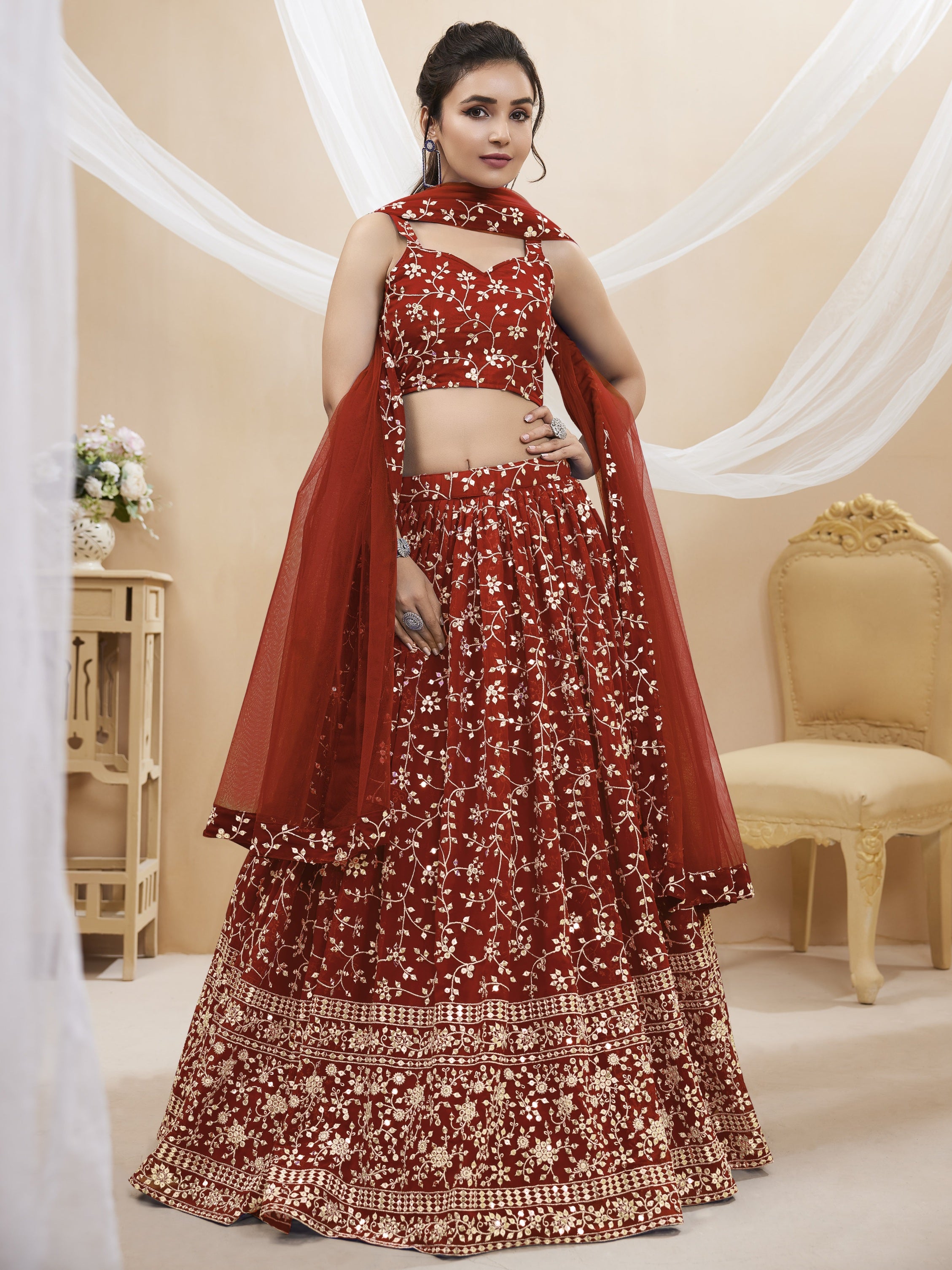 Jyoti Fashion Women's Maroon Georgette Sequins Zari Embroidered Lehenga Choli & Dupatta - Distacart