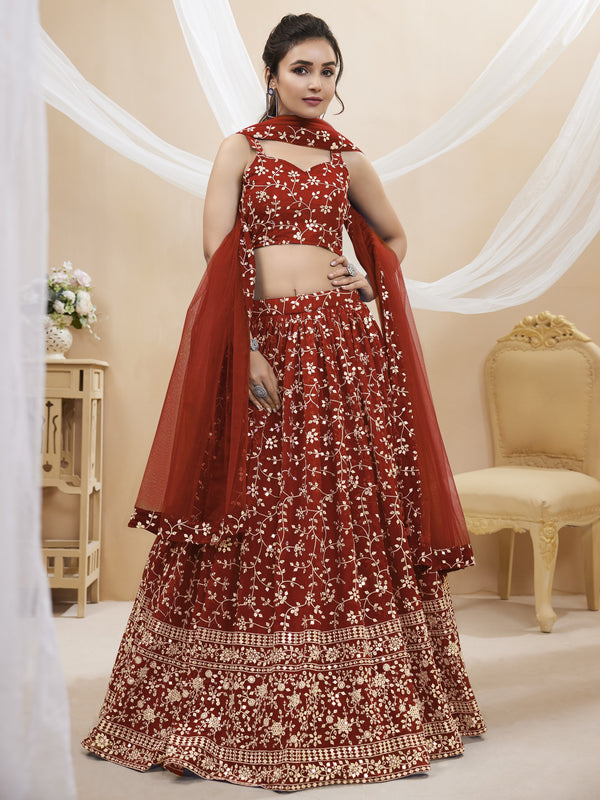 Jyoti Fashion Women's Maroon Georgette Sequins Zari Embroidered Lehenga Choli & Dupatta - Distacart