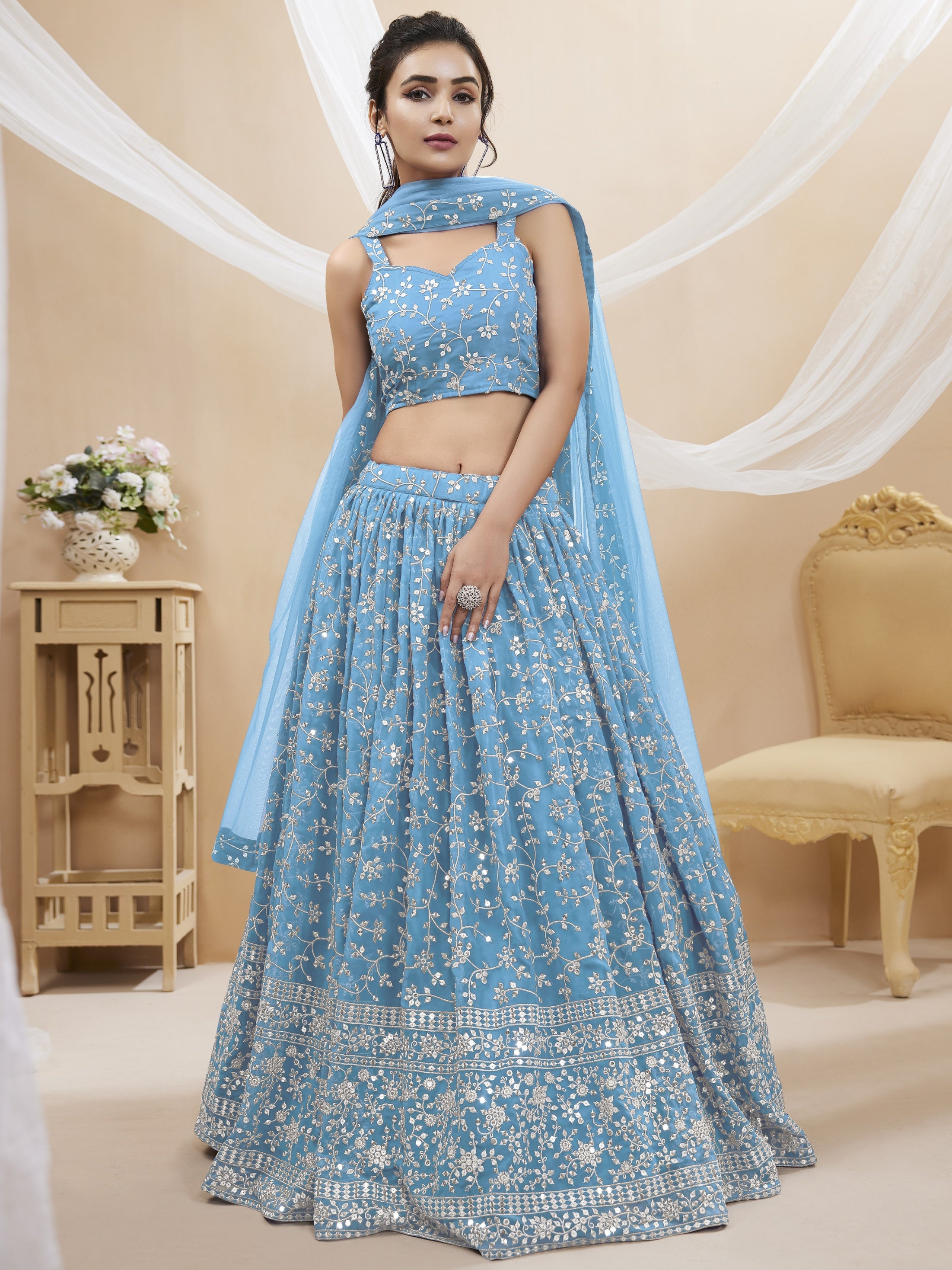 Jyoti Fashion Women's Sky Blue Georgette Sequins Zari Embroidered Lehenga Choli & Dupatta - Distacart
