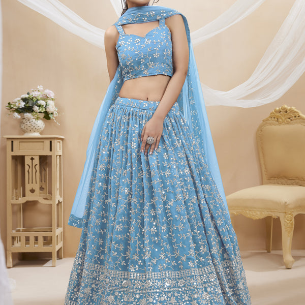 Jyoti Fashion Women's Sky Blue Georgette Sequins Zari Embroidered Lehenga Choli & Dupatta - Distacart